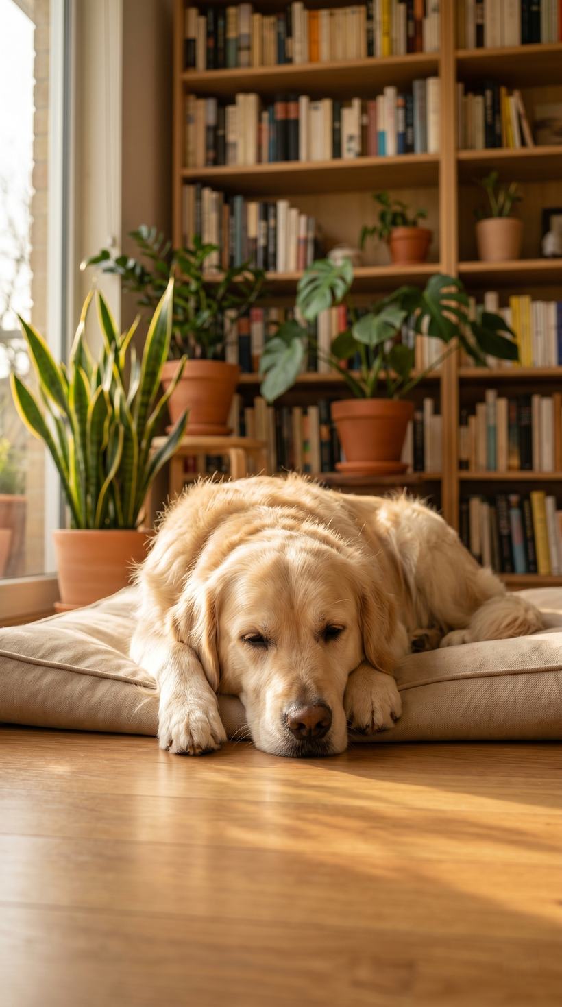 Dog resting calmly alone at home — after