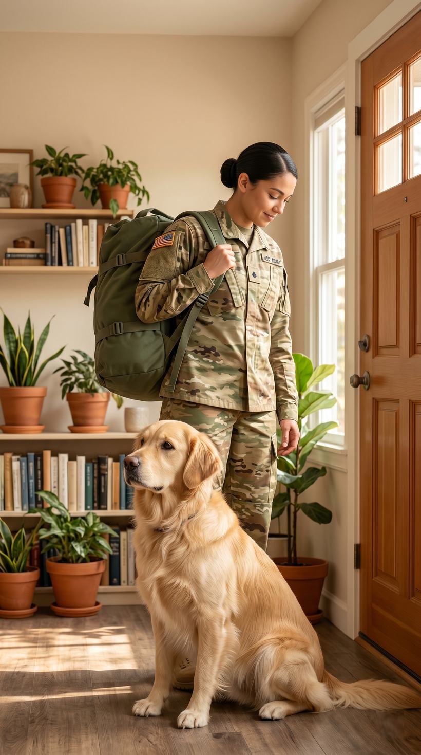 Military woman leaving home while dog sits calmly